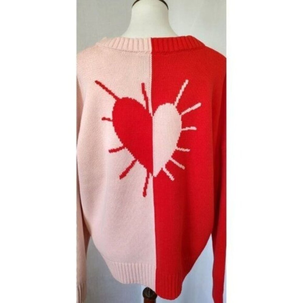 Kerri Rosenthal Sweater M Cotton Red Pink Colorblock Radiant Heart V-Neck NEW - Picture 16 of 16